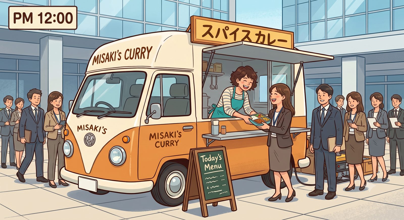 お昼休みのピークタイム、列ができたキッチンカーでお客様に手渡す美咲