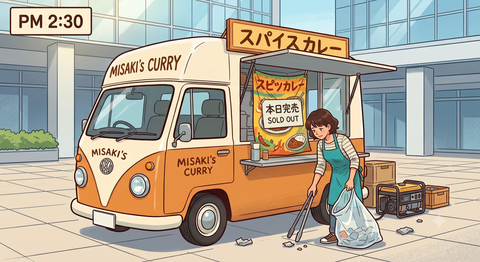 SOLD OUTの札が掛かったキッチンカーの周りを清掃する美咲