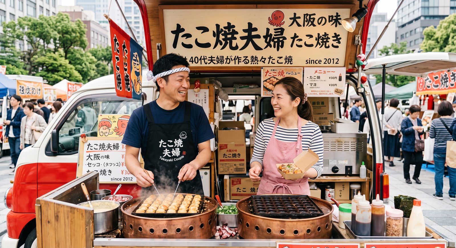 キッチンカーの前に立つ40代夫婦、健一と由美