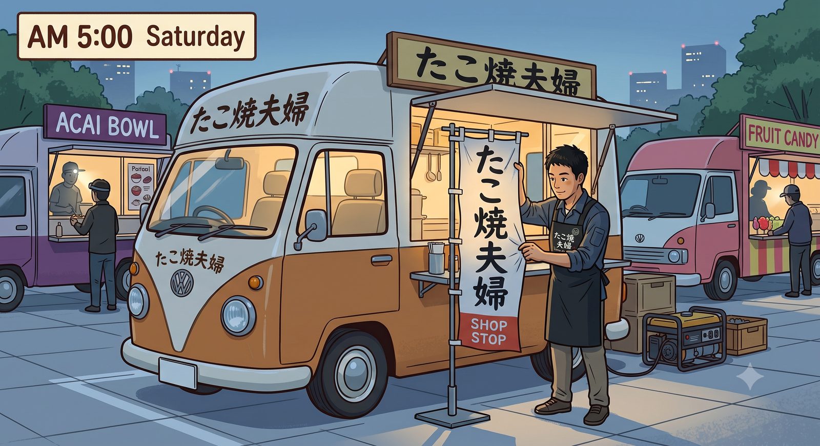 夜明け前のイベント会場で開店準備をする健一
