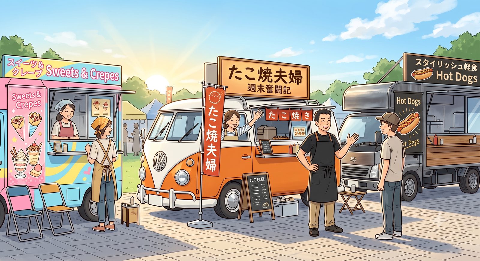 開店前、隣のキッチンカーの店主たちと挨拶を交わす健一と由美